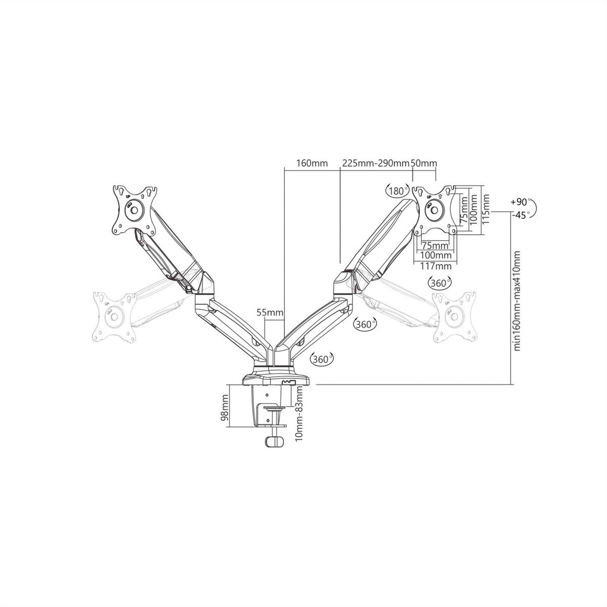 VALUE Dual LCD Monitor Stand Pneumatic, Desk Clamp, Pivot, 5 Joints, black