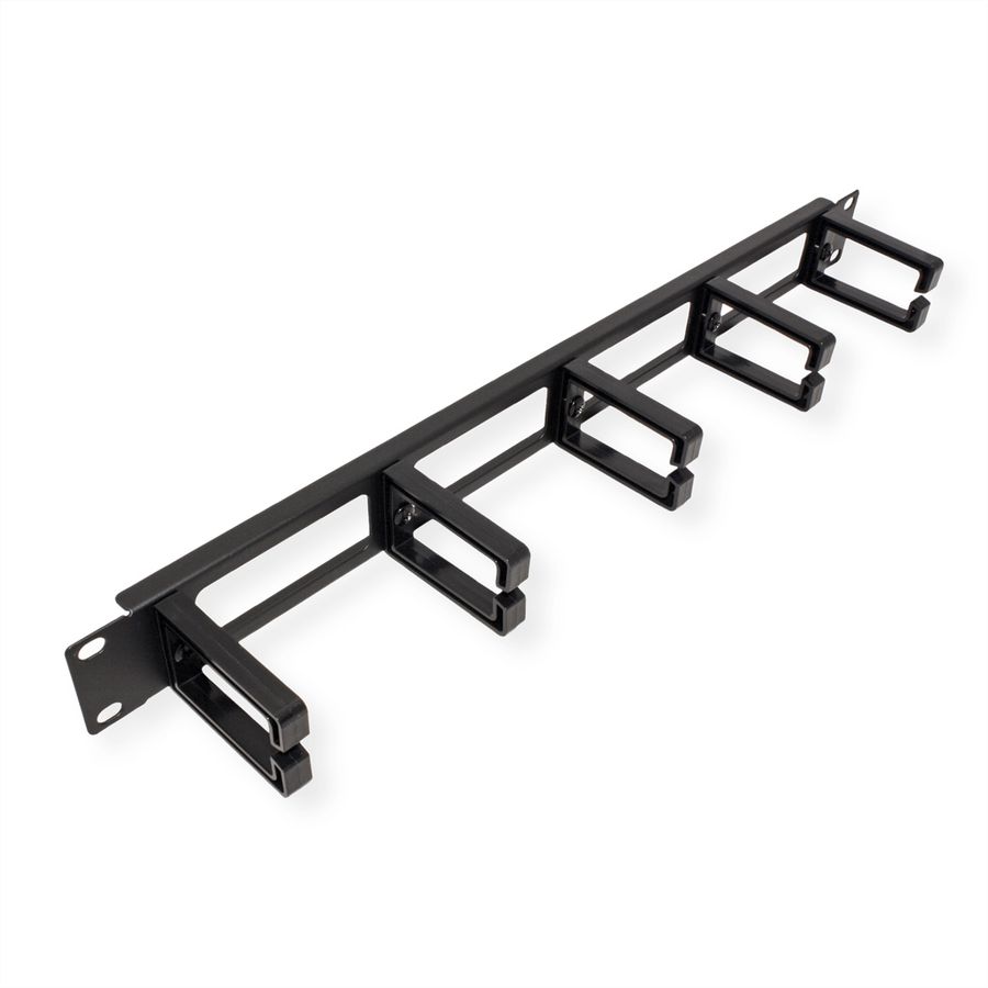 VALUE 19" 1U Cable Management Plate, C-Type, 5 Hooks, Cut-out front panel / cable feed-through, black