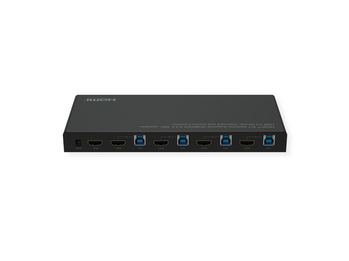 ROLINE KVM Switch, 4 PCs, HDMI 4K@60Hz, with 3 Port USB 3.2 Gen1 / USB 3.0 Hub