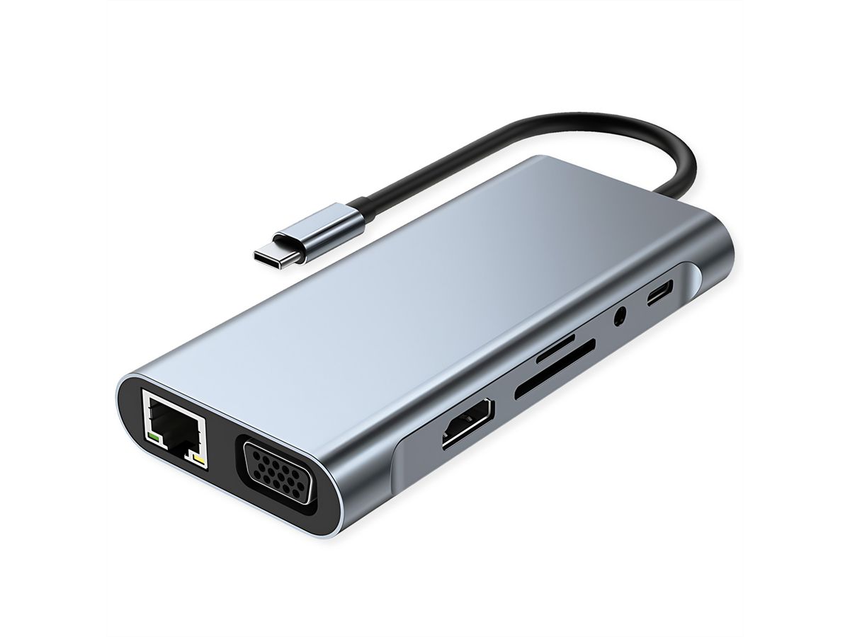 VALUE Dockingstation Type C, 1x HDMI 4K30, 1x VGA 1080p, 1x Gigabit Ethernet, 3x USB 3.2 Gen1 (A), 1x USB 2.0 (C), 1x SD/TF, 1x Audio, 1x Type C PD (Power Delivery)