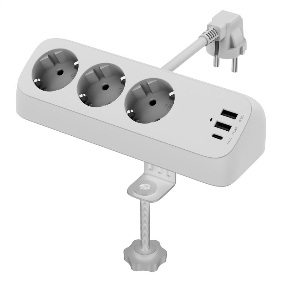 VALUE Power Strip, 3-way, with 3x USB (1x C + 2x A) and table clamp, 1.5 m