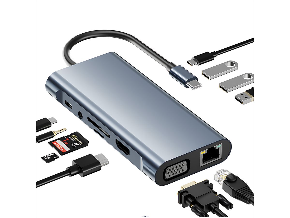 VALUE Dockingstation Type C, 1x HDMI 4K30, 1x VGA 1080p, 1x Gigabit Ethernet, 3x USB 3.2 Gen1 (A), 1x USB 2.0 (C), 1x SD/TF, 1x Audio, 1x Type C PD (Power Delivery)