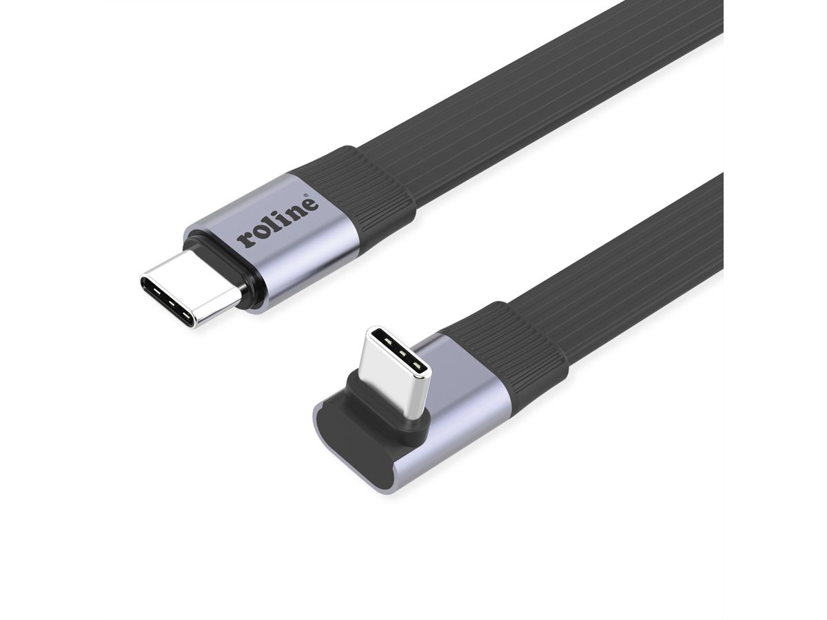 ROLINE Cable USB4 2.0, Flat, Straight-270° Angled, with Emark, C–C, M/M, 8K UHD-2, 80Gbit/s, 240W, black, 0.8 m