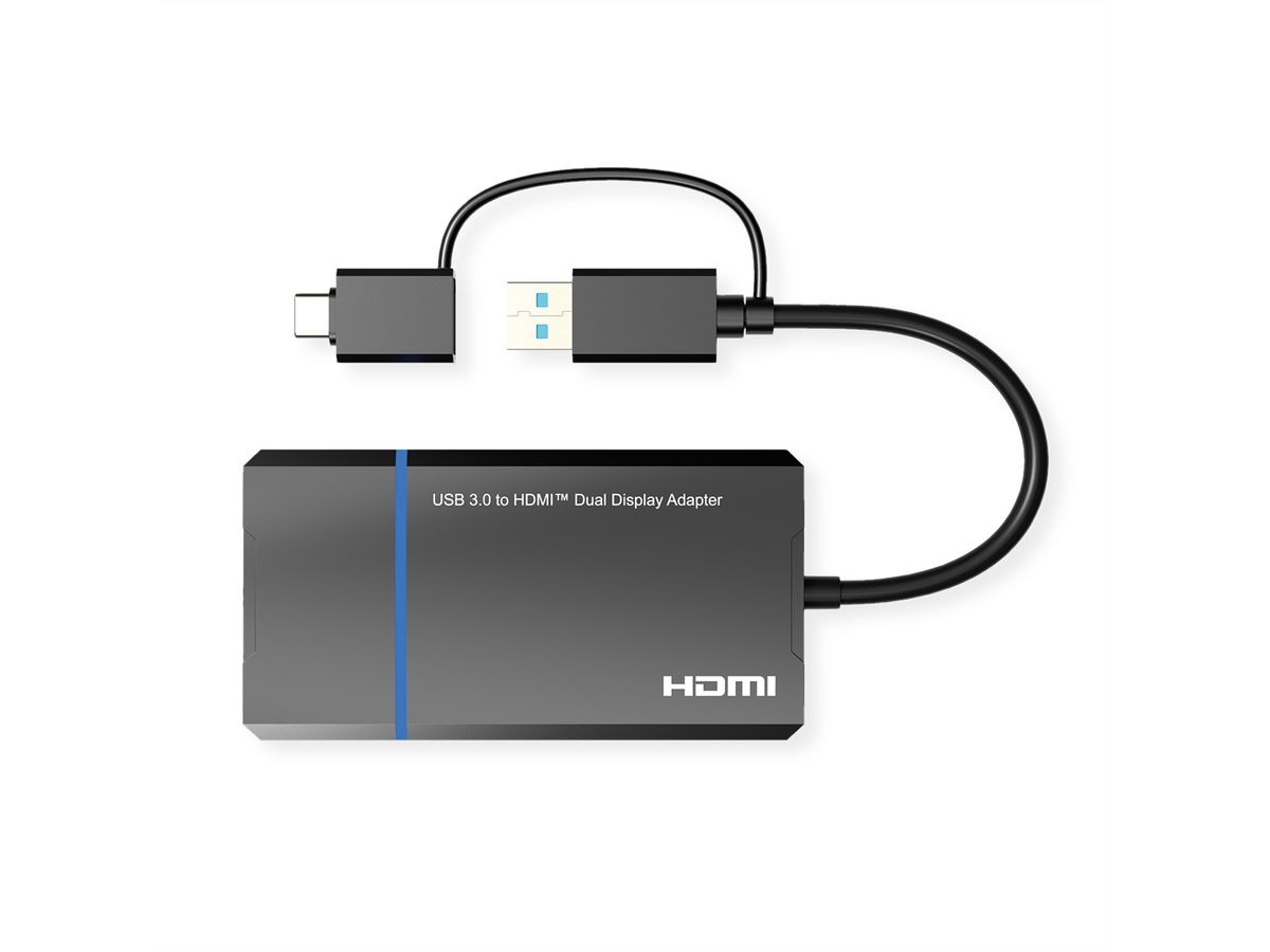 VALUE USB 3.2 Gen 1 (USB-A or USB-C) to 2x HDMI Adapter, 4K@30Hz + 1080P@60Hz