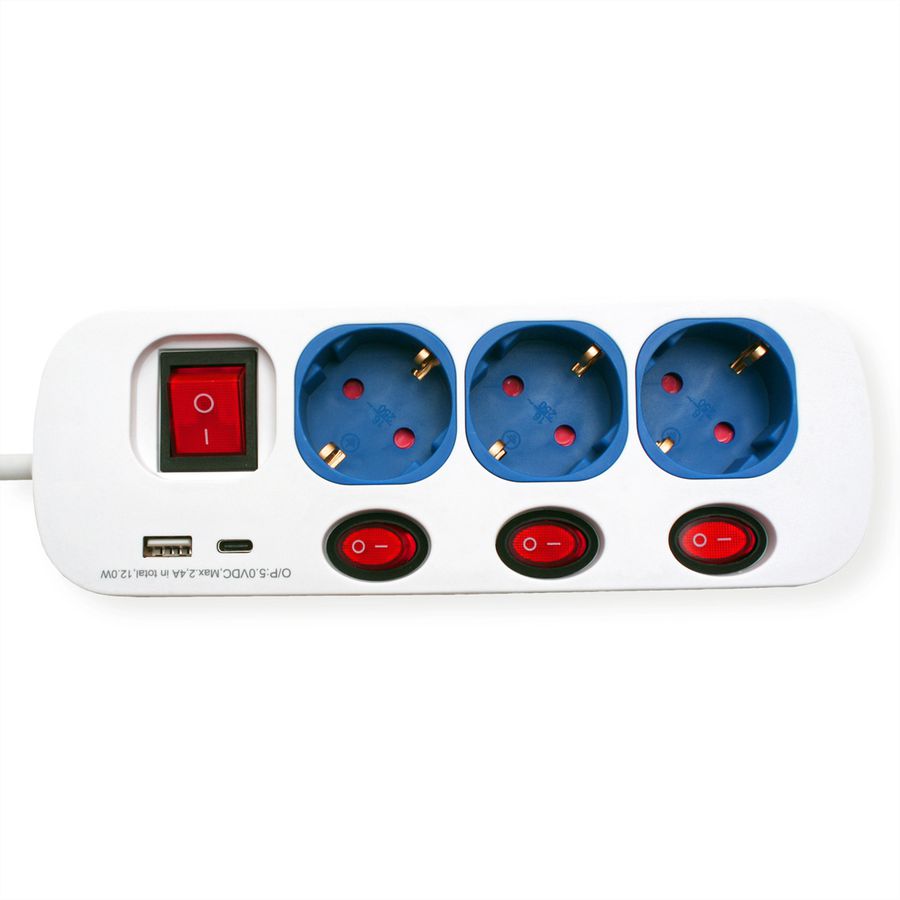 ROLINE Power Strip, 3-way, with individual on/off switches, 1x USB A, 1x USB C, 3 m