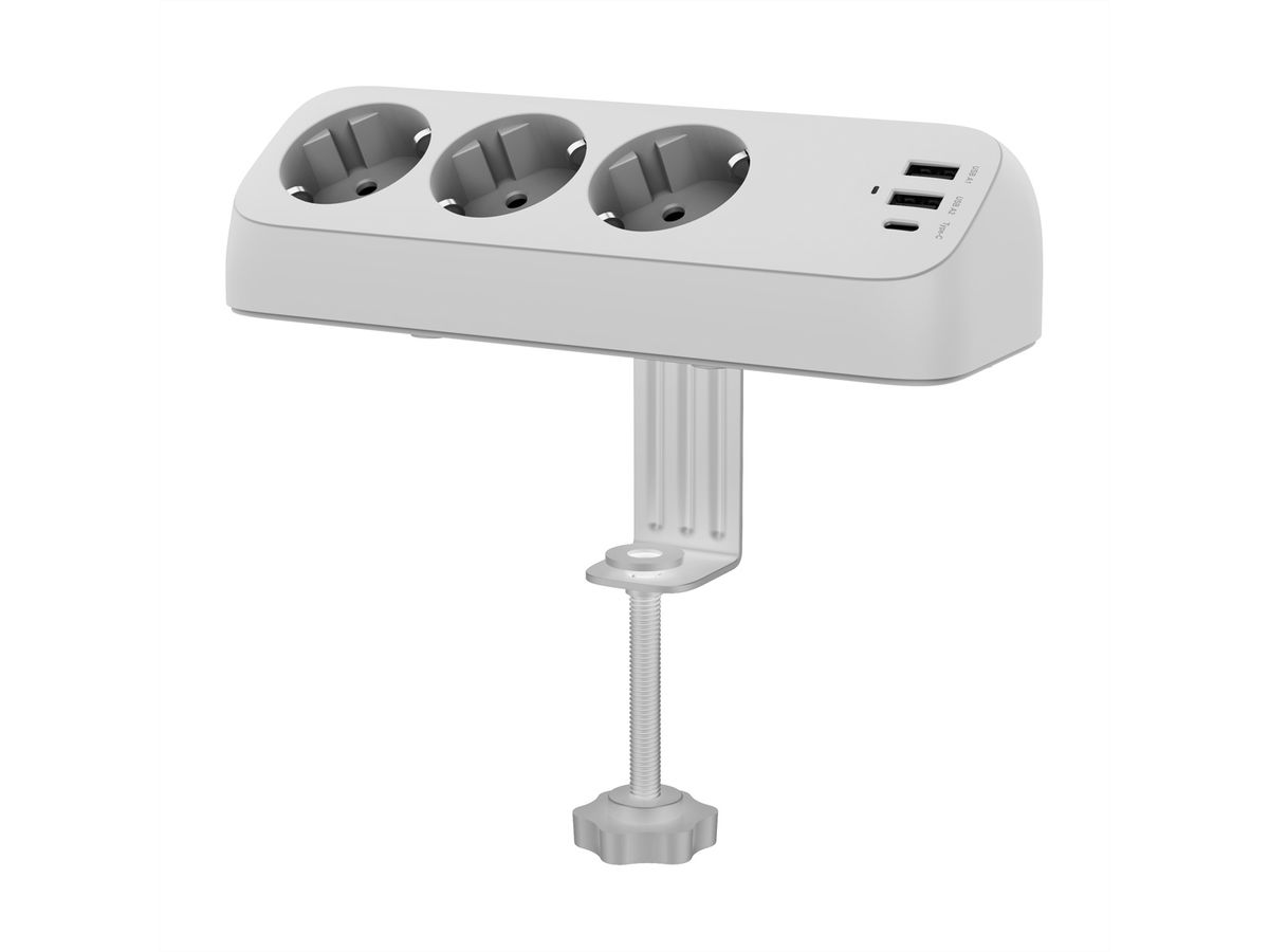 VALUE Power Strip, 3-way, with 3x USB (1x C + 2x A) and table clamp, 1.5 m