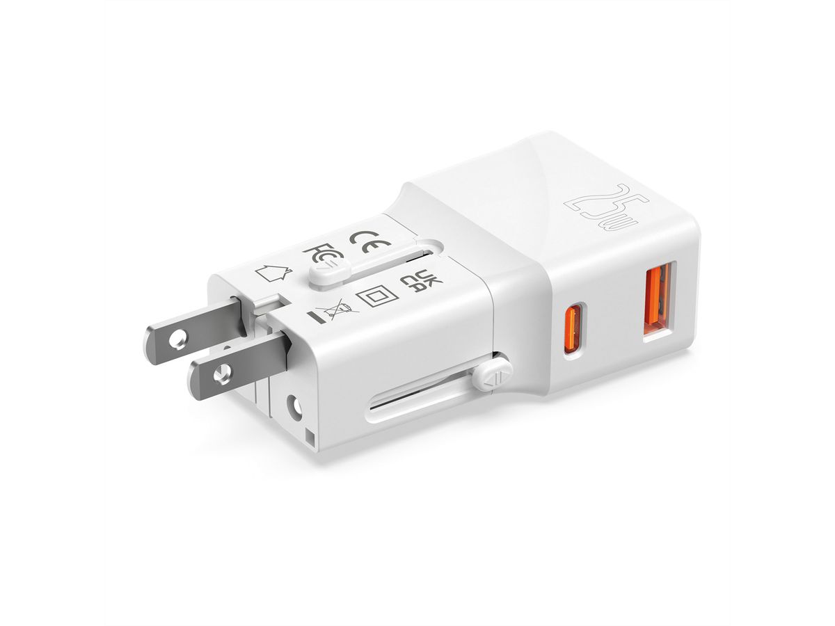VALUE POCKET Travel Charger, EU/UK/US, 2x Ports (A+C), 25W, white