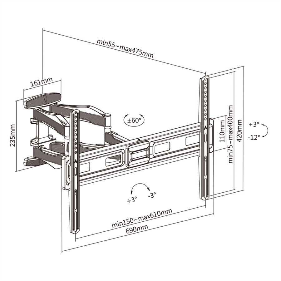 VALUE Solid Articulating Wall Mount TV Holder, 37–80 inch, max. 45 kg