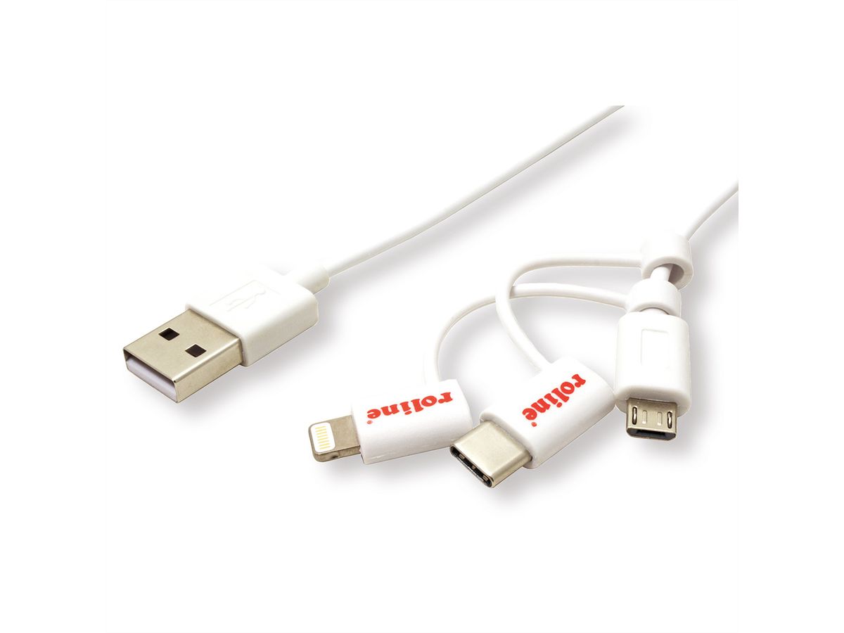 ROLINE 8pin + MicroB + Type C to USB Charge & Sync Cable, white, 1 m