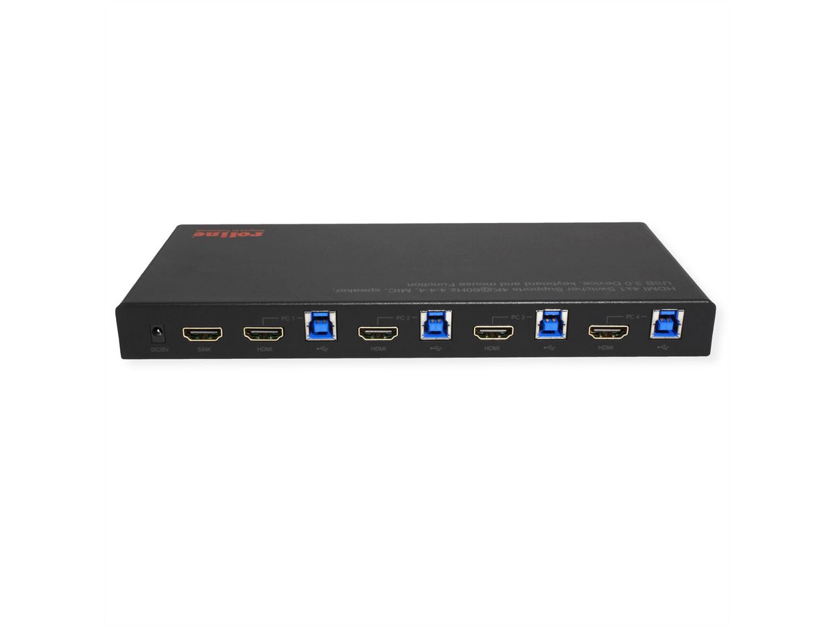 ROLINE KVM Switch, 4 PCs, HDMI 4K@60Hz, with 3 Port USB 3.2 Gen1 / USB 3.0 Hub