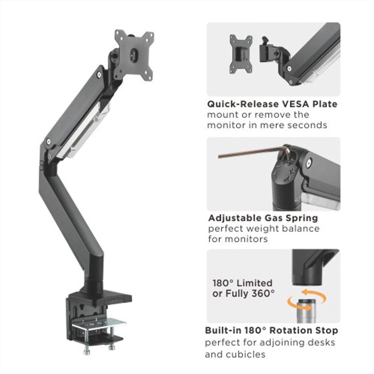 ROLINE LCD Monitor Stand Pneumatic, Desk Clamp, Pivot, max. 18 kg, 5 Joints