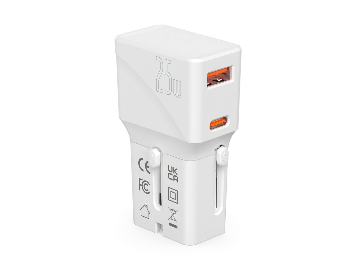 VALUE POCKET Travel Charger, EU/UK/US, 2x Ports (A+C), 25W, white