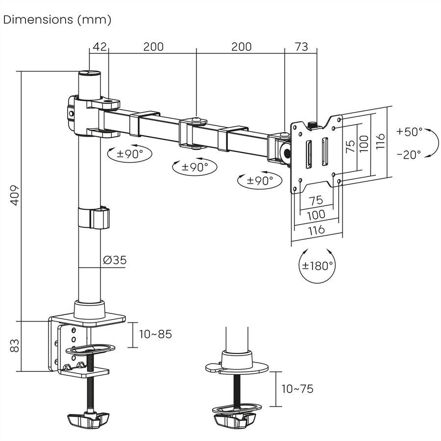 VALUE Monitor Arm, Pole-Mounted, < 124,46cm (49"), Heavy Duty < 20 kg