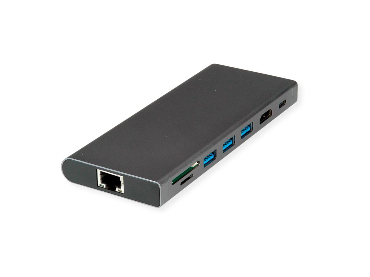 VALUE Dockingstation Type C, HDMI 4K60, 1x USB3.2Gen1 C + 3x A USB3.2 Gen1, 1x Type C PD, 1x SD/TF, 1x RJ45, 1x 3.5mm Audio