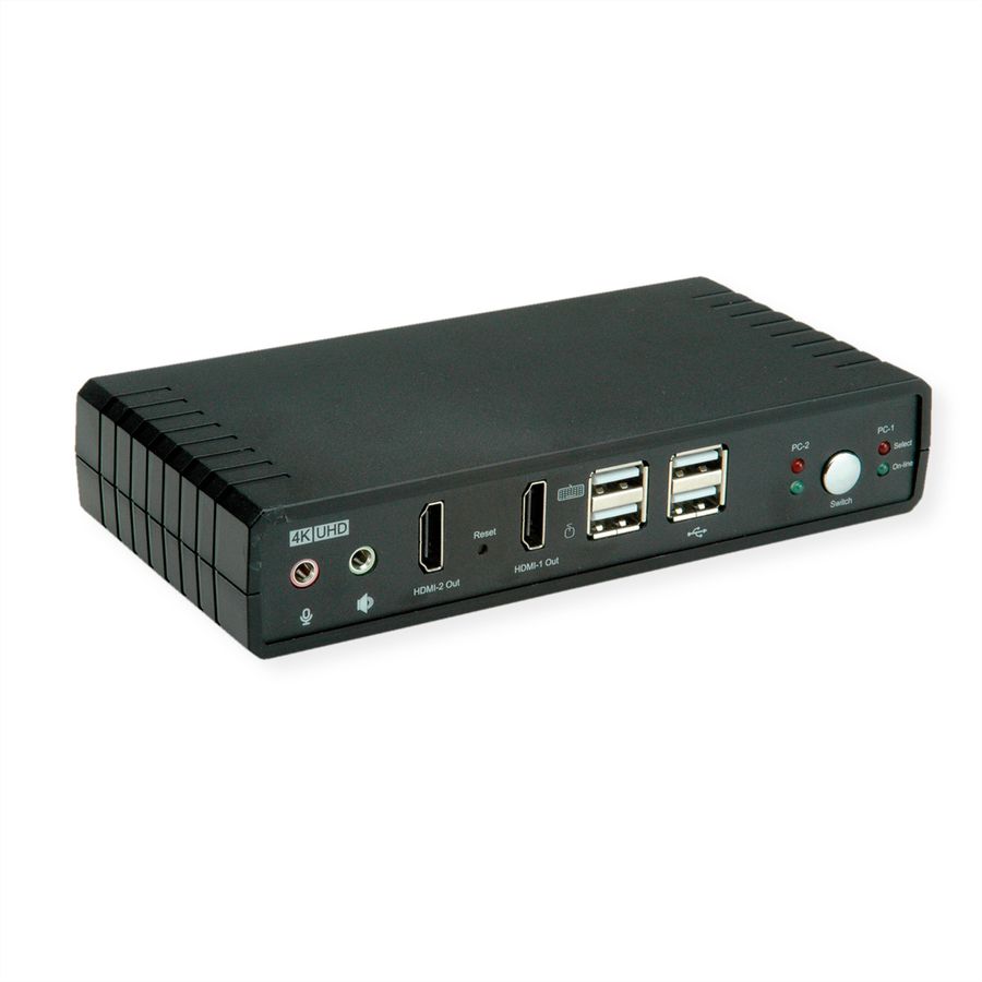 ROLINE Dual-Head 4K@60Hz HDMI KVM Switch, 2 PCs, DP/HDMI, Audio, with 2 Port USB 2.0 Hub