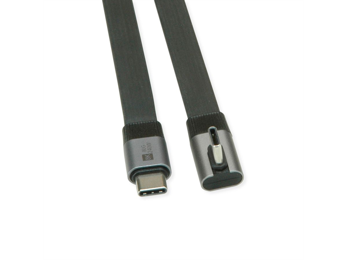 ROLINE Cable USB4 2.0, Flat, Straight-90° Angled, with Emark, C–C, M/M, 8K UHD-2, 80Gbit/s, 240W, black, 0.8 m