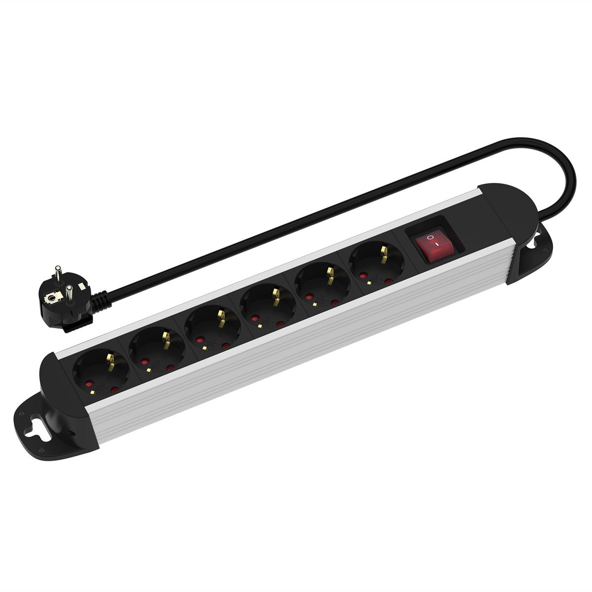 ROLINE Power Strip, 6-way, with Switch, Aluminium Housing, German Type Plug, black / silver, 1.5 m