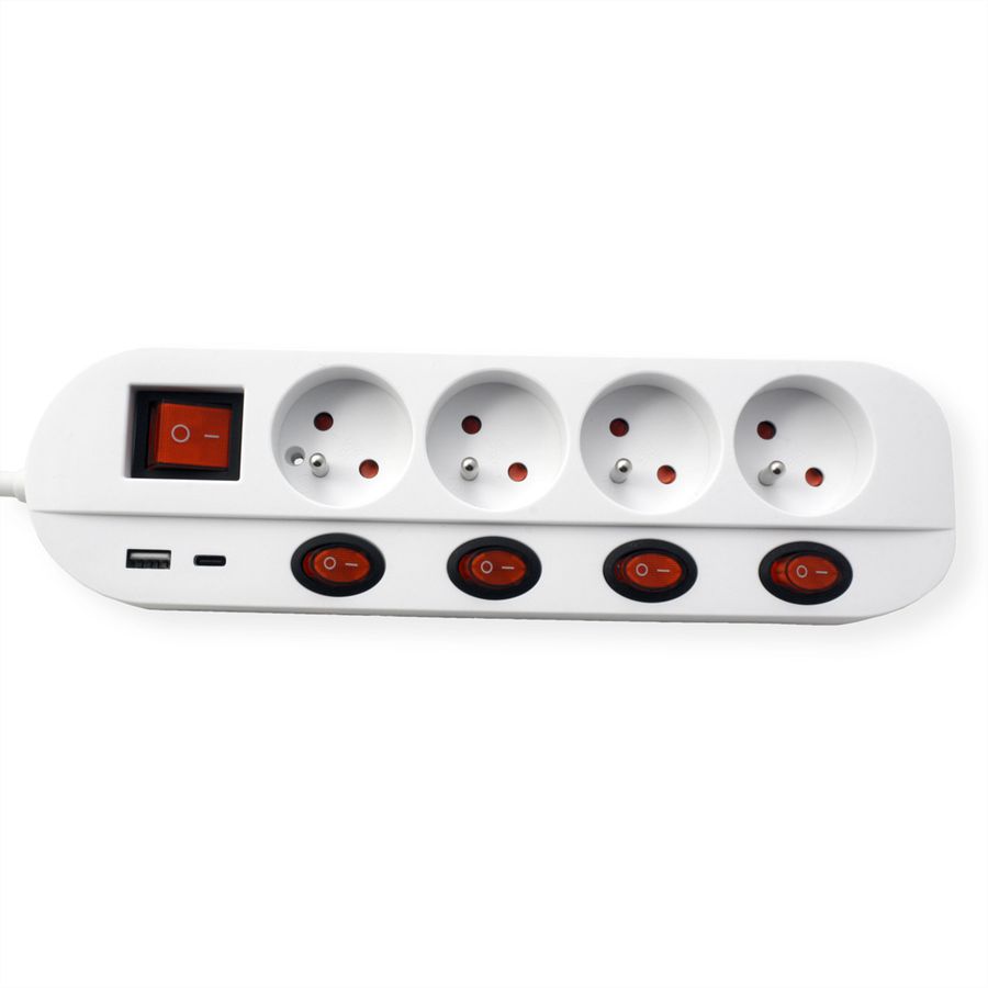 ROLINE Power Strip, 4-way, UTE, with individual on/off switches, 1x USB A, 1x USB C, 3 m