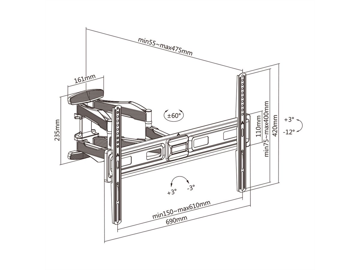 VALUE Solid Articulating Wall Mount TV Holder, up to 177.8cm (37" - 70"), < 45 kg