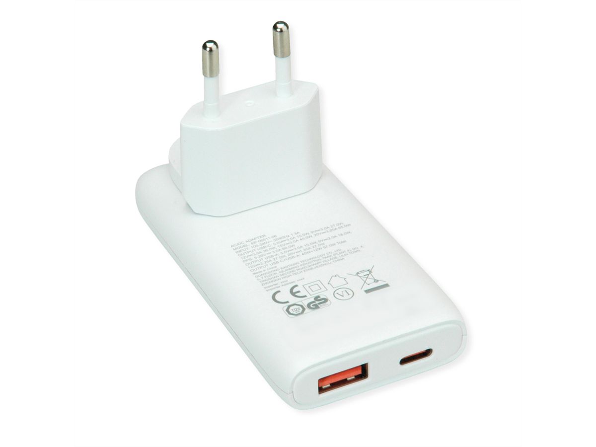 VALUE USB Wall Charger, EU/US Plug, 2x Ports (A+C), 65W, white