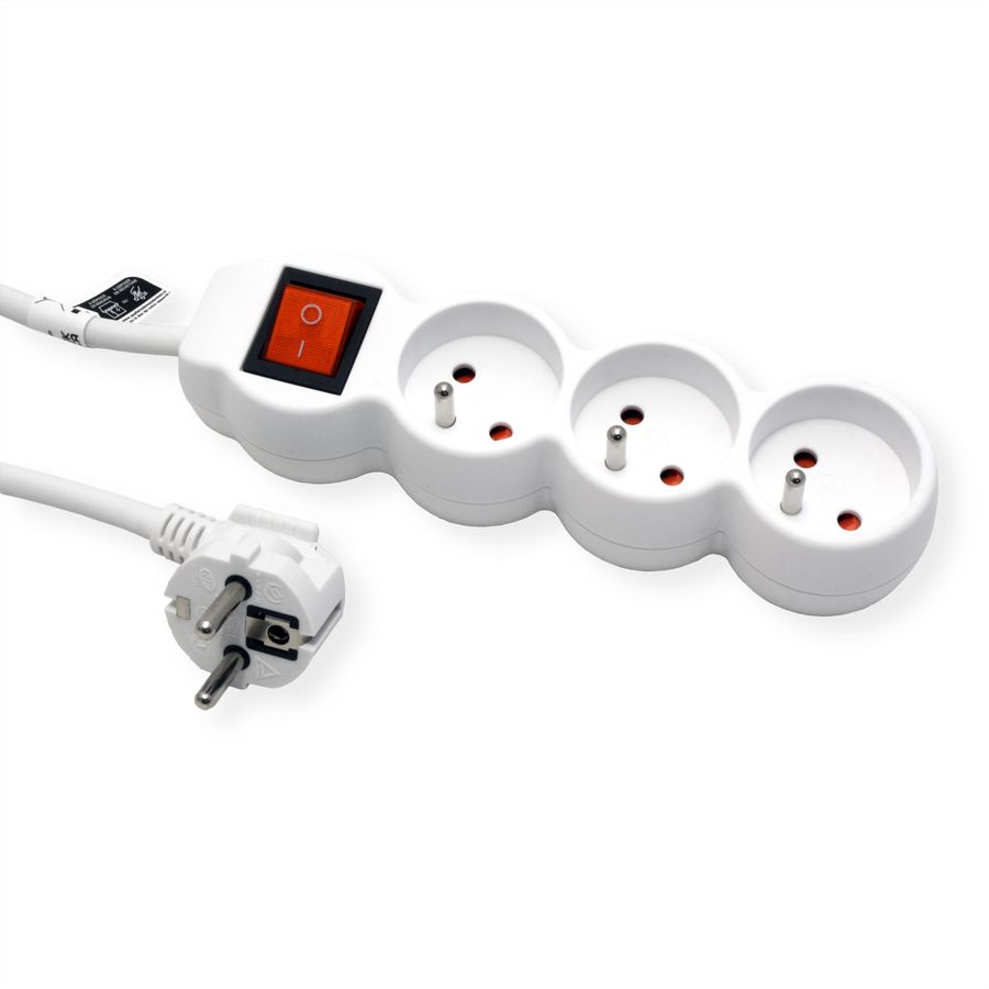 VALUE French Power Strip, 3-way, with illuminated Switch, white, 3 m