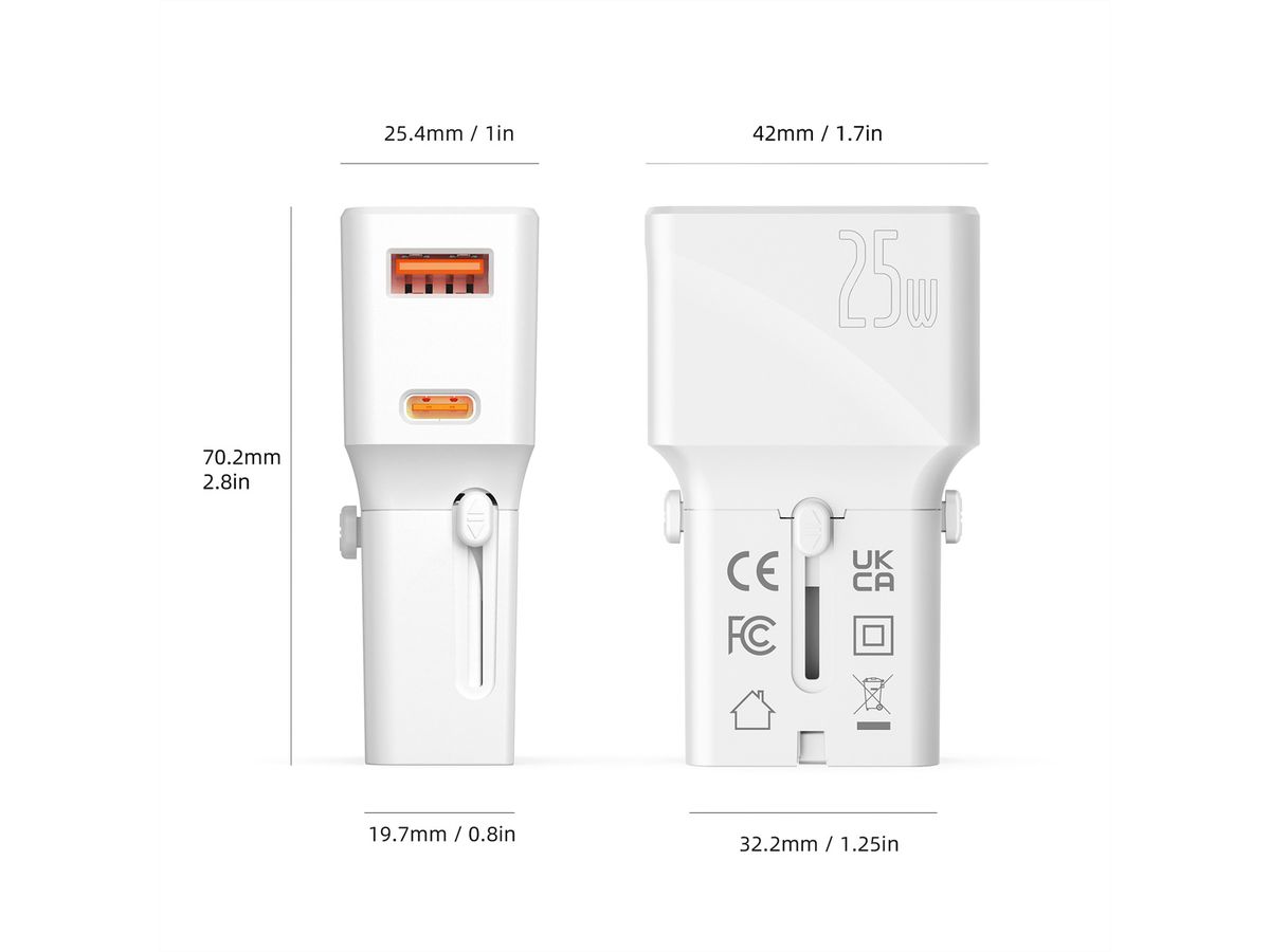 VALUE POCKET Travel Charger, EU/UK/US, 2x Ports (A+C), 25W, white