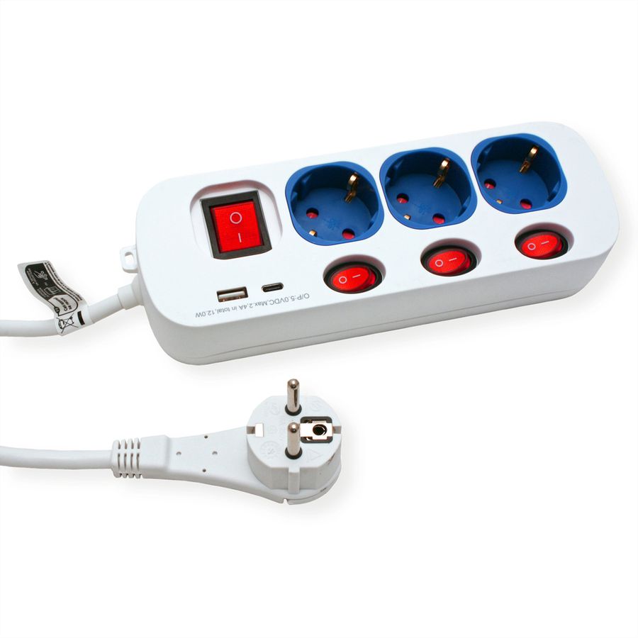 ROLINE Power Strip, 3-way, with individual on/off switches, 1x USB A, 1x USB C, 3 m