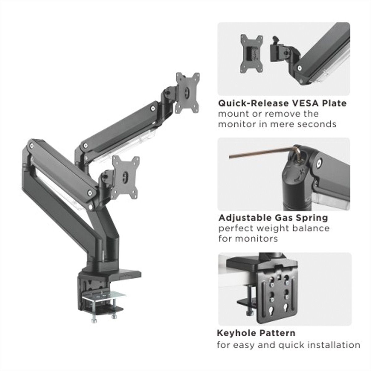 ROLINE Dual LCD Monitor Stand Pneumatic, Desk Clamp, Pivot, 5 Joints, 17–35 inch, max. 2x 15 kg