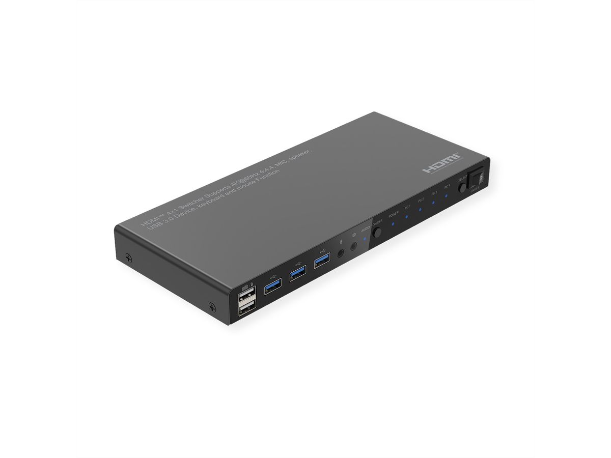 ROLINE KVM Switch, 4 PCs, HDMI 4K@60Hz, with 3 Port USB 3.2 Gen1 / USB 3.0 Hub