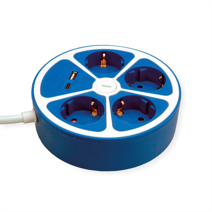 ROLINE Power Strip, 4-way, with switch, round, 1x USB A+ 1x USB C, blue, 3 m