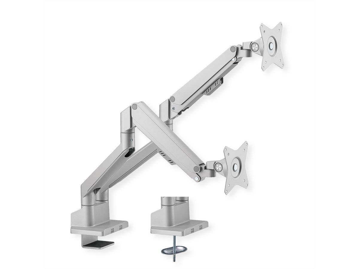 ROLINE Dual LCD Monitor Stand Pneumatic, Desk Clamp, Pivot, 2 Joints, silver