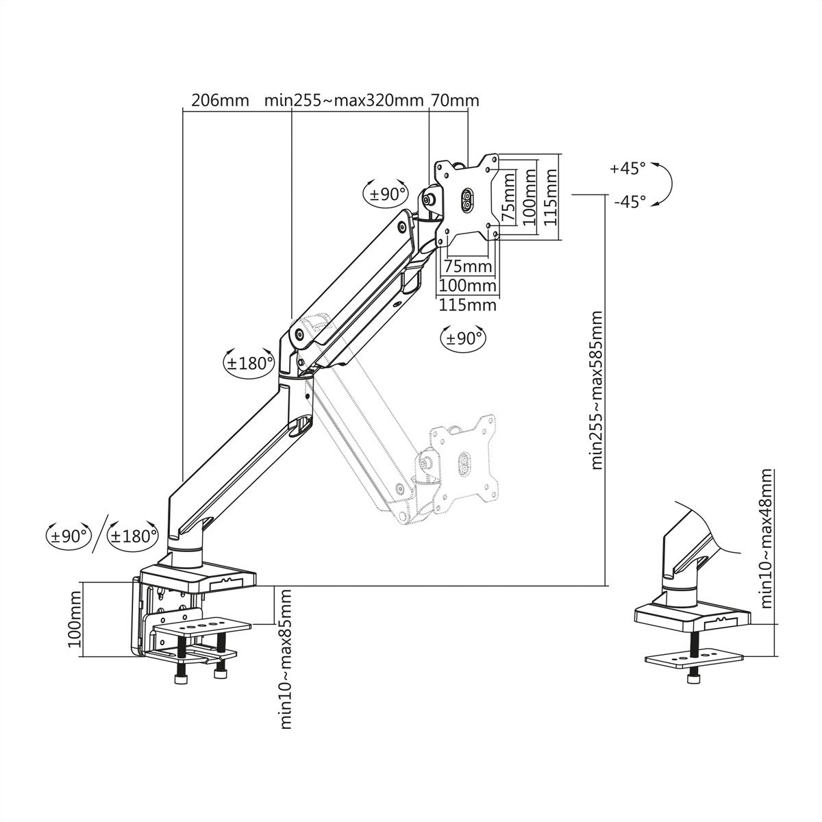 ROLINE LCD Monitor Stand Pneumatic, Desk Clamp, Pivot, max. 18 kg, 5 Joints