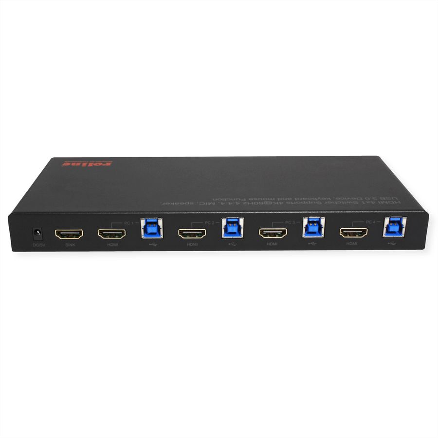ROLINE KVM Switch, 4 PCs, HDMI 4K@60Hz, with 3 Port USB 3.2 Gen1 / USB 3.0 Hub