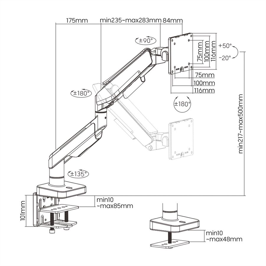 ROLINE Single LCD Monitor Stand, Gas Spring, Desk Clamp, 5 Joints, 17–49 inch, max. 20 kg