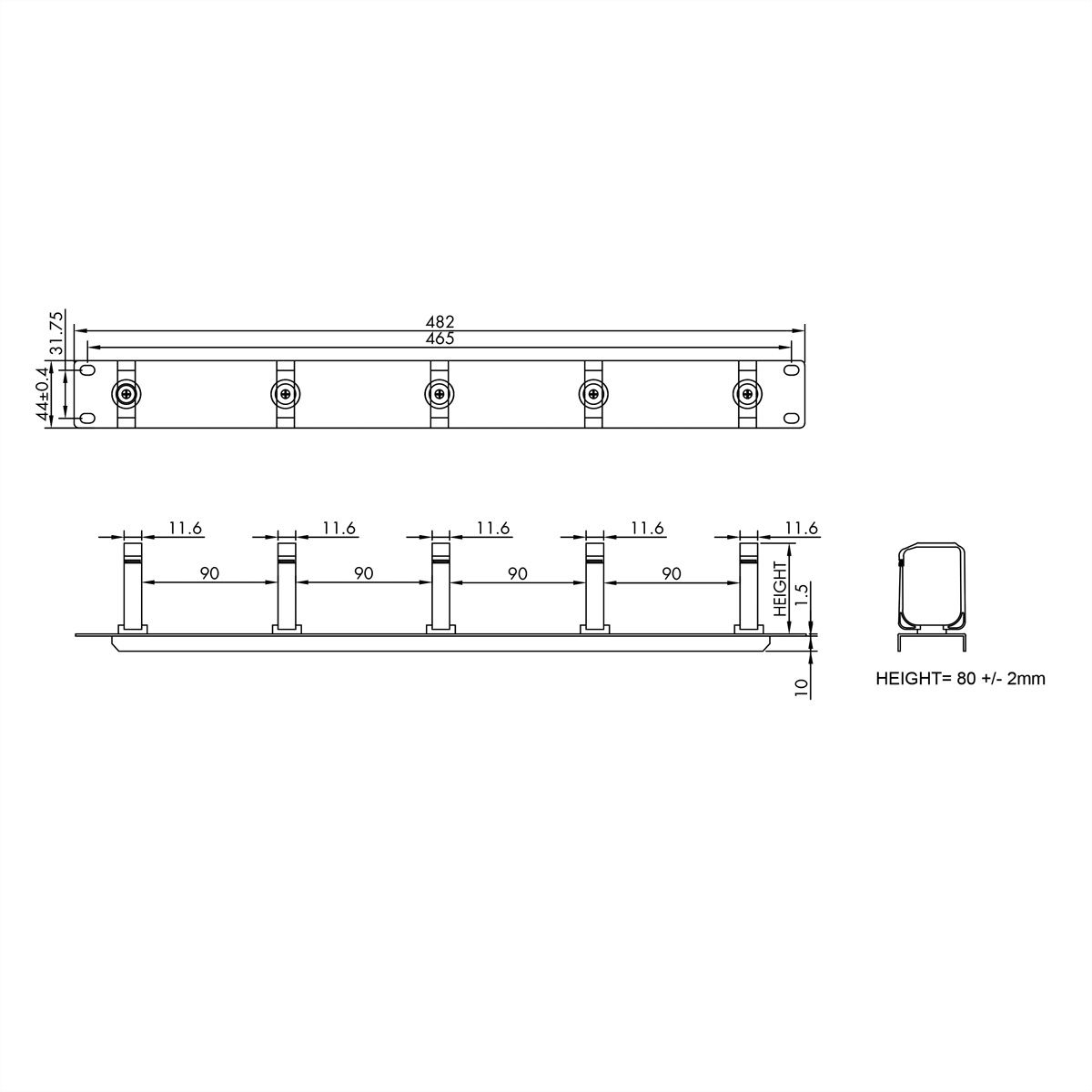 VALUE 19" 1U Cable Management Plate, C-Type, 5 Hooks, black