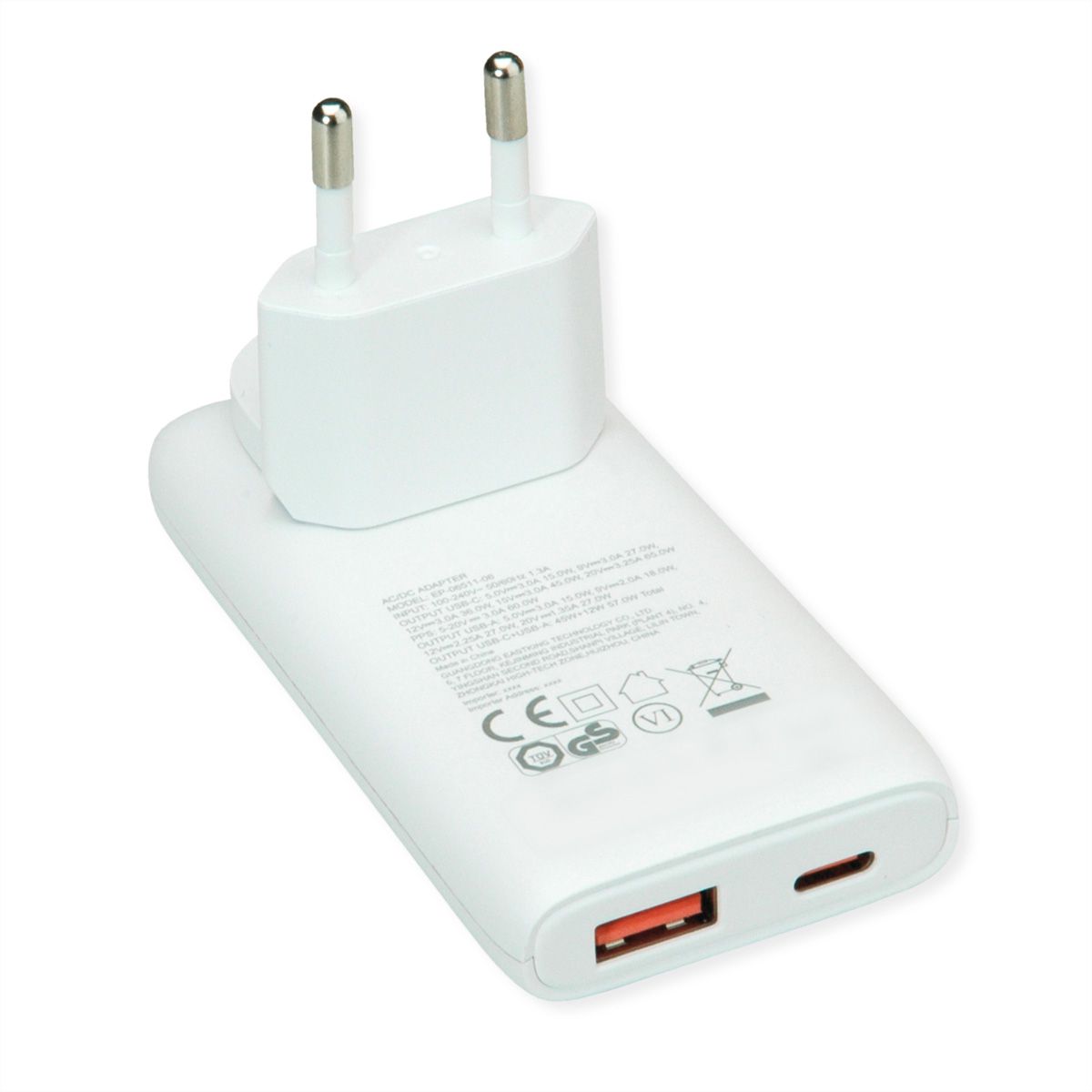 VALUE USB Wall Charger, EU/US Plug, 2x Ports (A+C), 65W