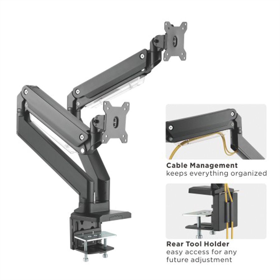 ROLINE Dual LCD Monitor Stand Pneumatic, Desk Clamp, Pivot, 5 Joints, 17–35 inch, max. 2x 15 kg