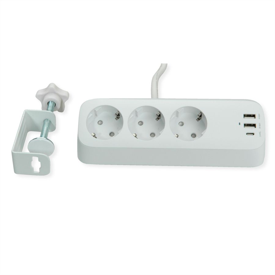 VALUE Power Strip, 3-way, with 3x USB (1x C + 2x A) and table clamp, 1.5 m
