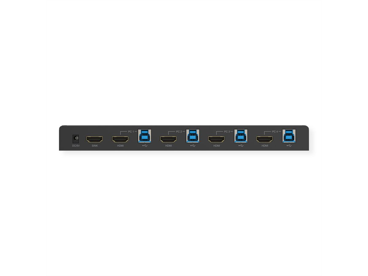 ROLINE KVM Switch, 4 PCs, HDMI 4K@60Hz, with 3 Port USB 3.2 Gen1 / USB 3.0 Hub