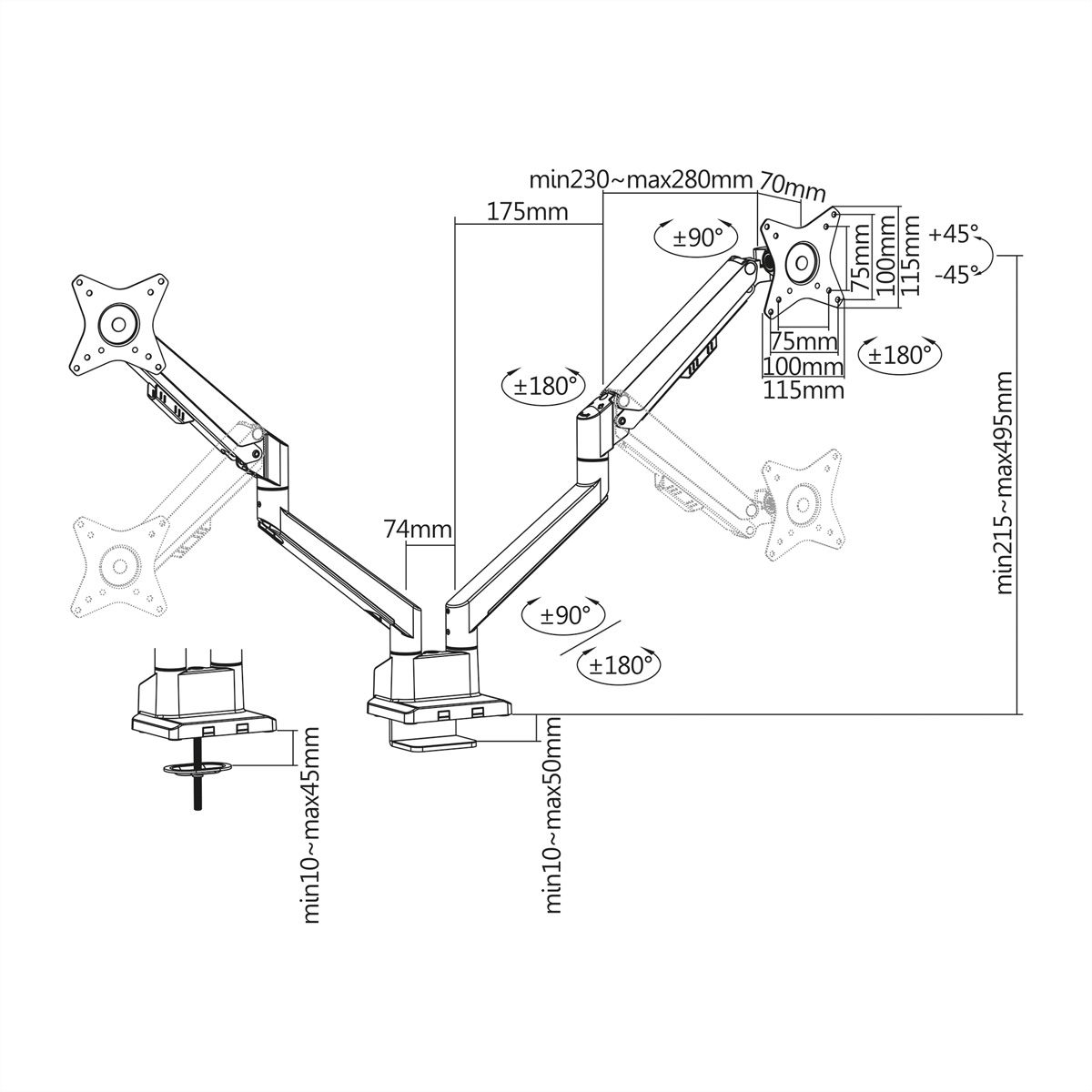 ROLINE Dual LCD Monitor Stand Pneumatic, Desk Clamp, Pivot, 2 Joints, silver