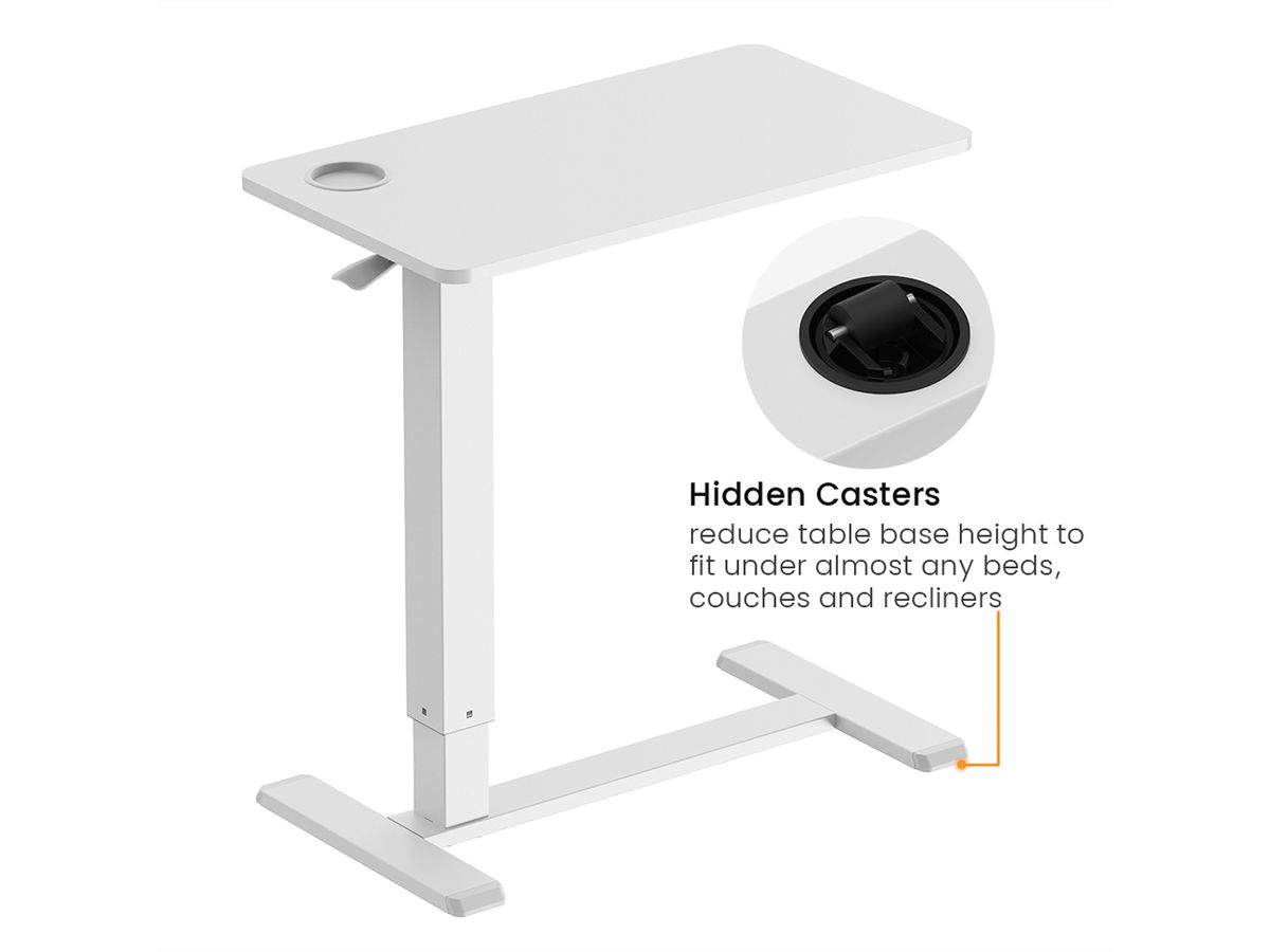 ROLINE Gas Spring Side Table / Workstation, height-adjustable, hidden casters, white