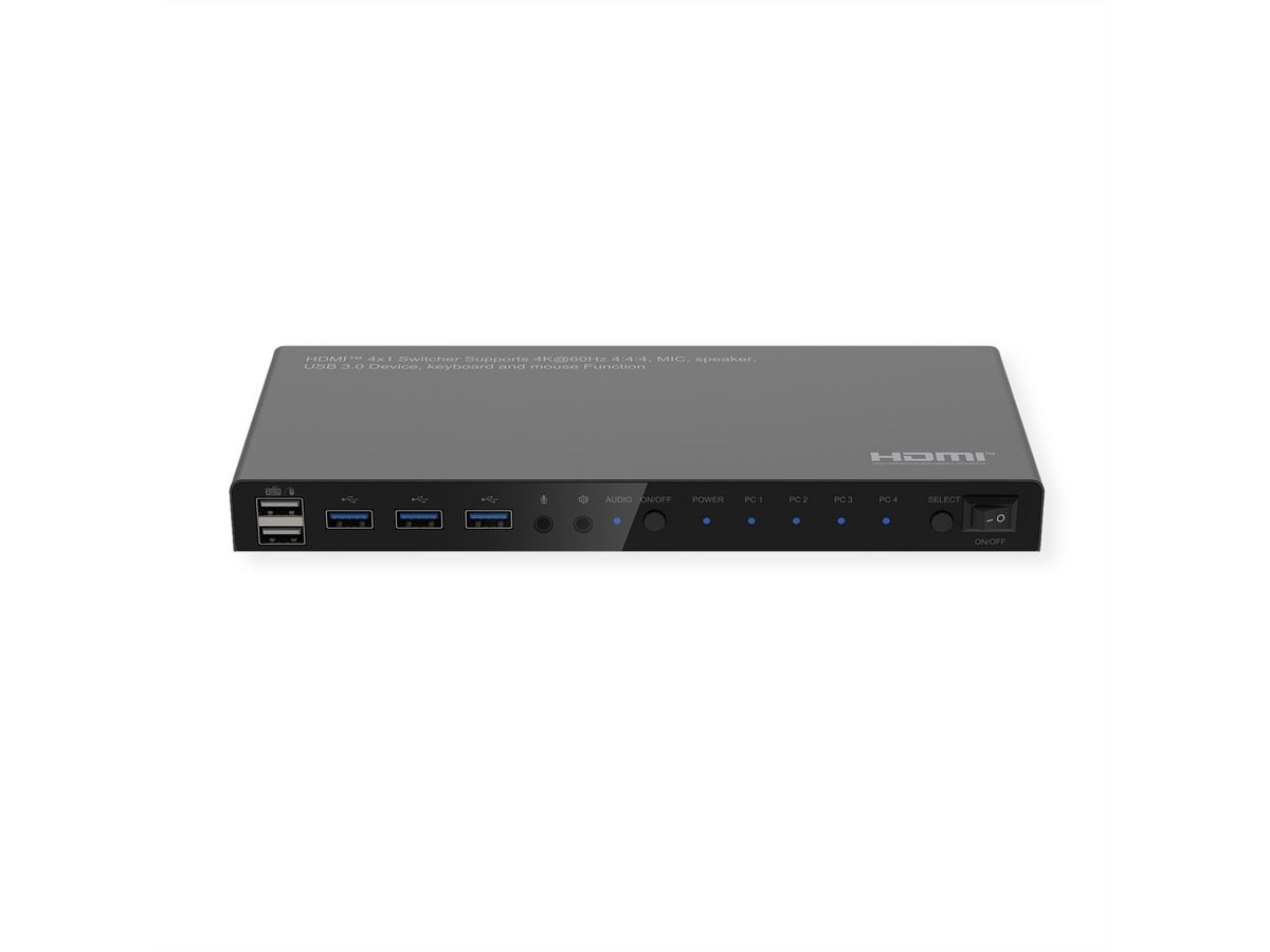 ROLINE KVM Switch, 4 PCs, HDMI 4K@60Hz, with 3 Port USB 3.2 Gen1 / USB 3.0 Hub