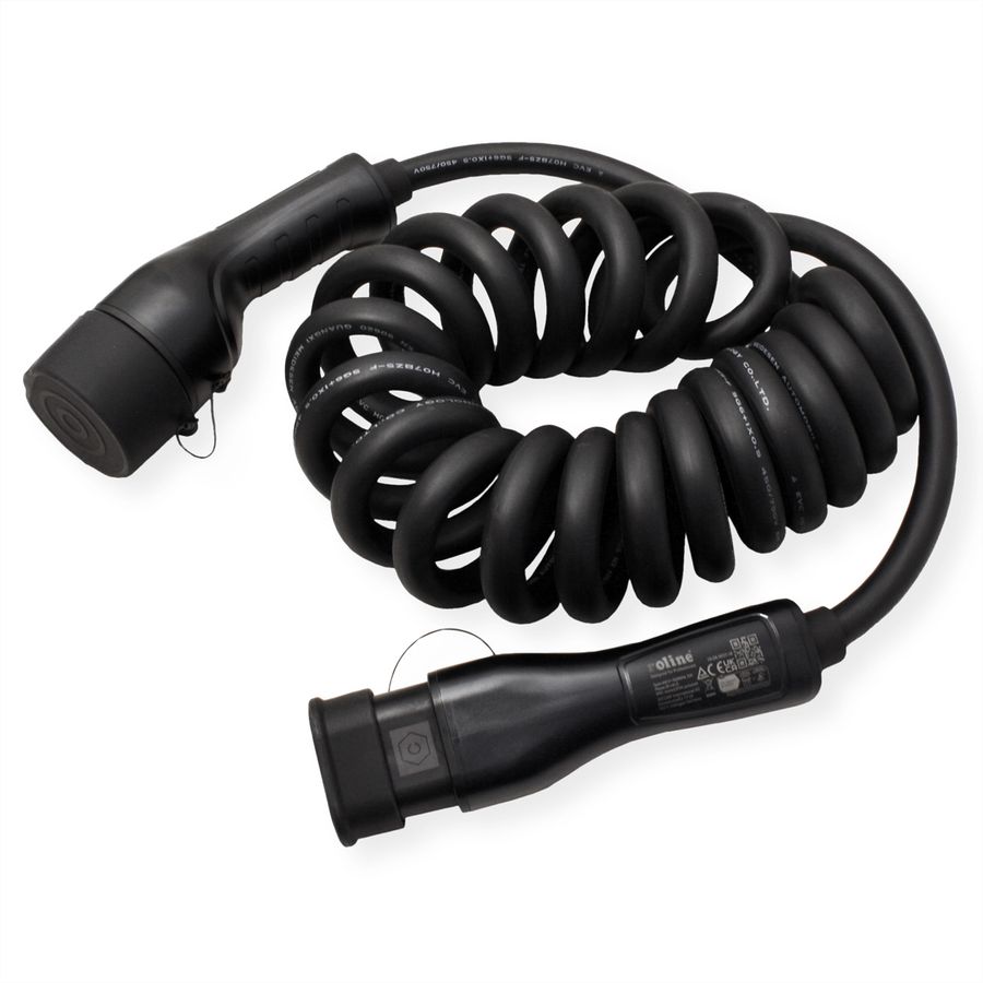 ROLINE EV Charging Cable Assembly Type2, 3-Phase, 480VAC (3P+N+E), 16 A, 11 kW, spiral (max. 3m)