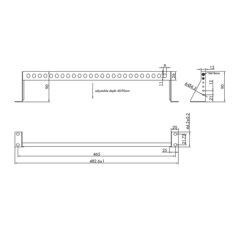 VALUE 19" 1U Rack Mountable Cable Management Bar, (horizontal) with adjustable Depth, black