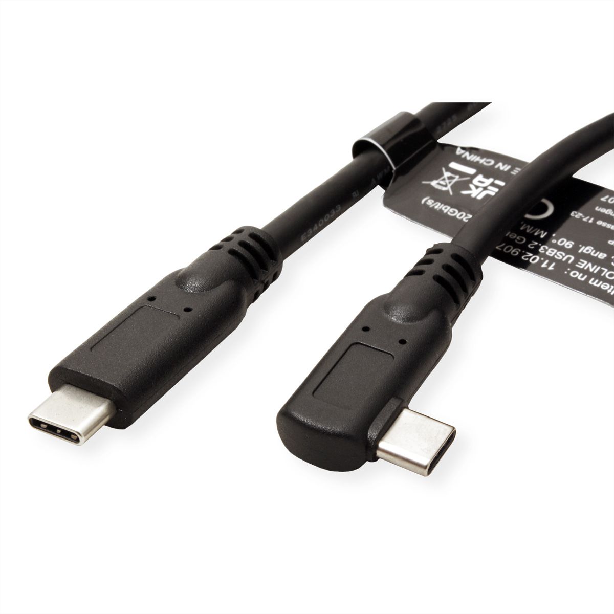ROLINE USB 3.2 Gen 2x2 Cable, PD, C-C, M/M, 4K UHD-1, 20Gbit/s, Emark, 100W, 1x 90° angled, black, 1 m