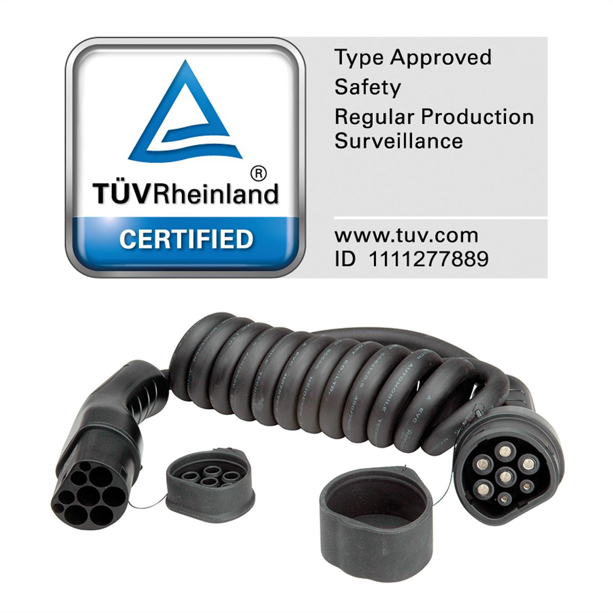 ROLINE EV Charging Cable Assembly Type2, 3-Phase, 480VAC (3P+N+E), 16 A, 11 kW, spiral (max. 3m)