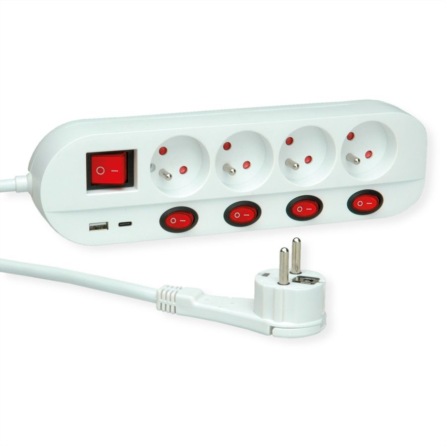 ROLINE Power Strip, 4-way, UTE, with individual on/off switches, 1x USB A, 1x USB C, 3 m