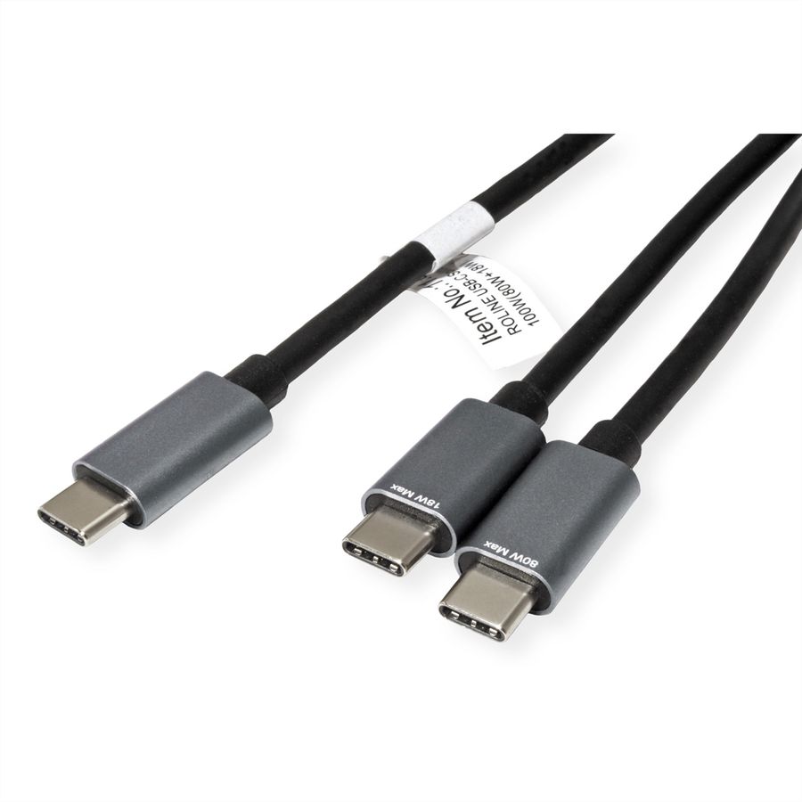 ROLINE Y - Splitter Charging Cable, Type C Connectors, USB-C - USB-C, M/M, max. 100W, black, 1.85 m