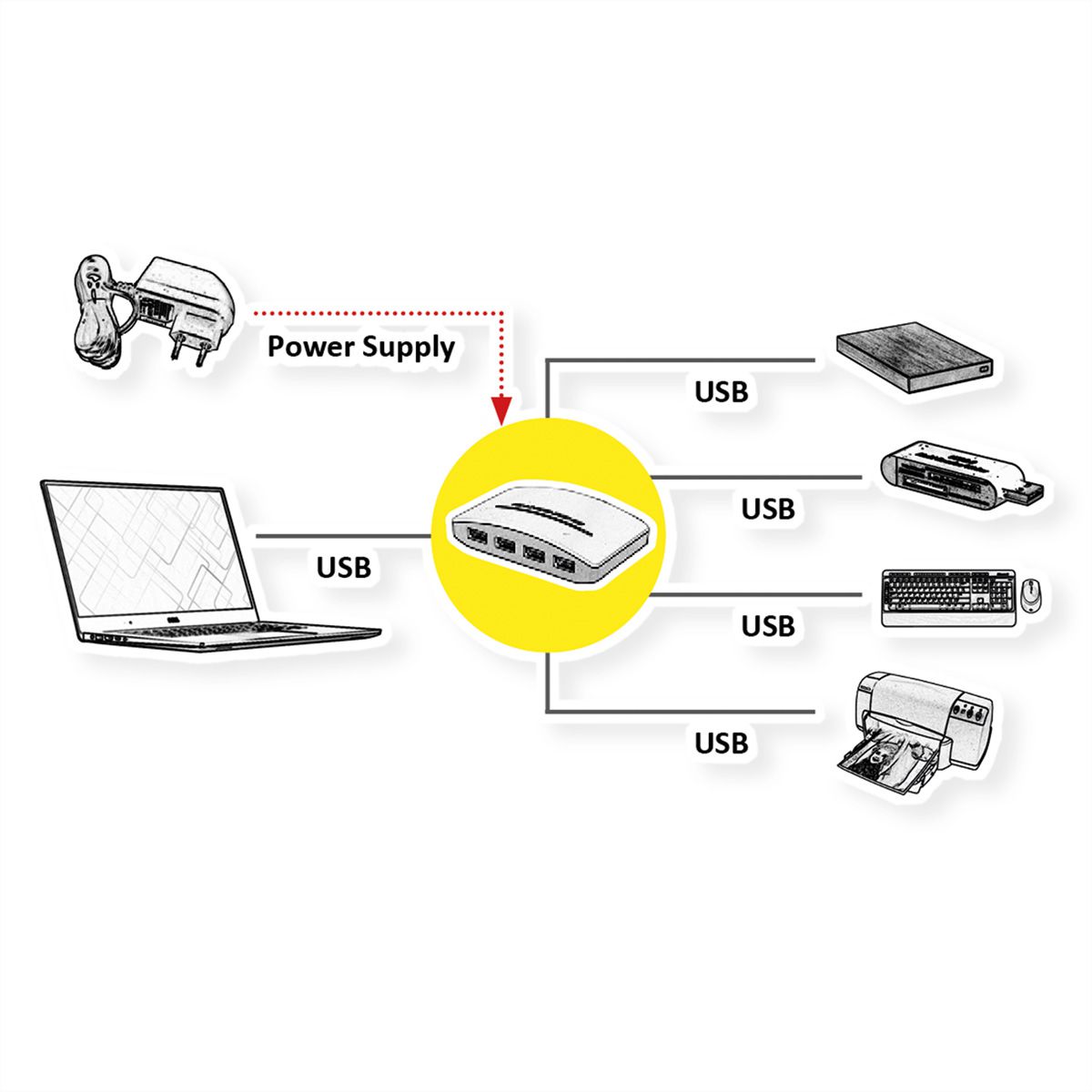 ROLINE USB 3.2 Gen 1 Hub "Black & White", 4 Ports, with Power Supply