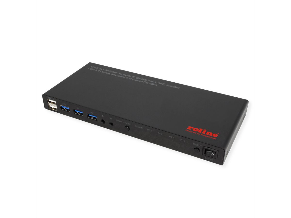ROLINE KVM Switch, 4 PCs, HDMI 4K@60Hz, with 3 Port USB 3.2 Gen1 / USB 3.0 Hub